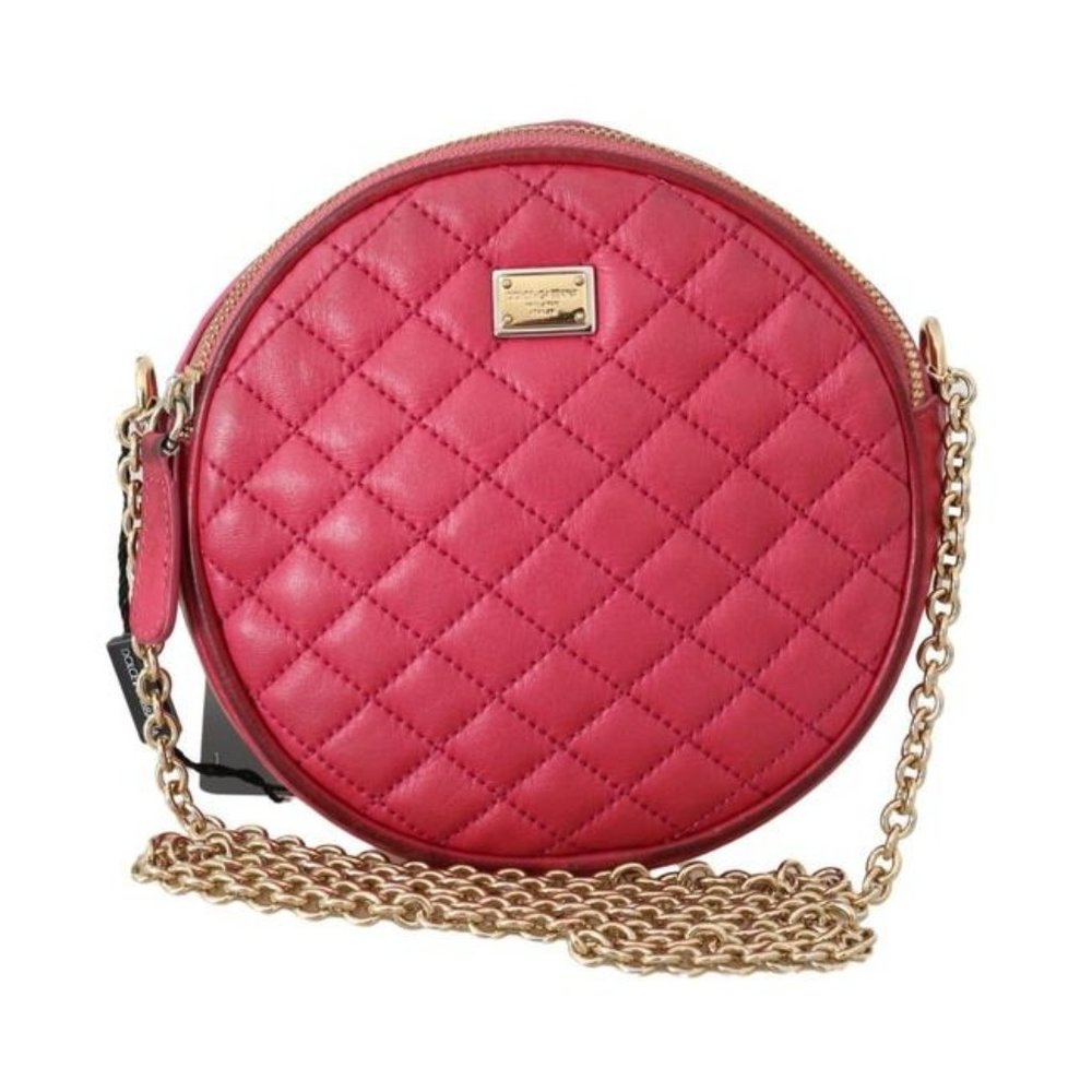 Dolce & Gabbana Glam Pink Quilted Leather Round Canteen Bag w Gold Chain Strap